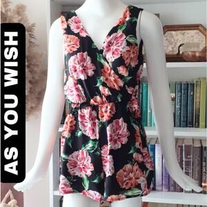 AS U WISH Romper Large Black Orange Pink Floral Tropical Ruffled V-Neck Flirty